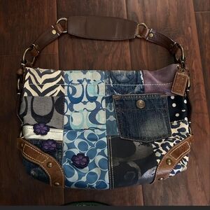 Coach Patchwork Shoulder Bag with Blue and Brown Accents